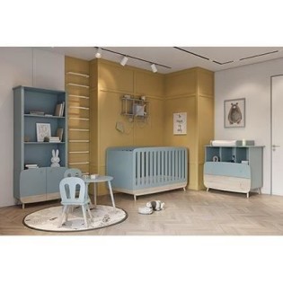 Bibliotheque 2t / 2p FIRMIANA - style scandinave - coloris : bleu orage & bois naturel - 77.4 x 36.6 x 177 cm - DEMEYERE