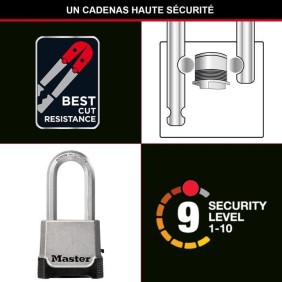 Cadenas Haute Sécurité - MASTER LOCK - M176EURDLH - Zinc - Anse XL - Extérieur