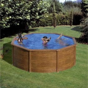 Piscine ronde acier Ø3,70m x H: 1,22m - Imitation bois - Filtration a cartouche - GRE