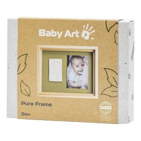 Baby Art Pure Frame - Kit Cadre avec Pâte a Modeler et Cadre Bois Pin Naturel, Rouleau, Panneau Arriere Réversible (Vert/Orange)