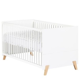 Lit évolutif - 140x70cm - Babyprice Joy Naturel - Blanc sur pieds en bois naturel