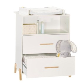 Commode a langer - Babyprice - Joy Naturel - 2 tiroirs - 1 niche - Blanc - Sur pieds en bois naturel