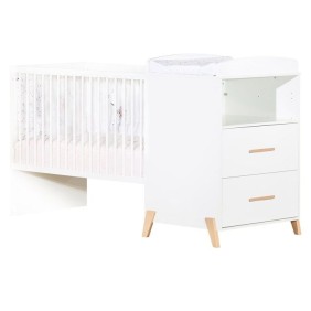 Lit Combiné - 120x60cm - Evolutif en 90x190cm - Babyprice Joy Naturel - Blanc sur pieds en bois naturel