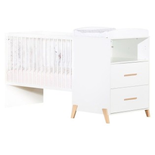 Lit Combiné - 120x60cm - Evolutif en 90x190cm - Babyprice Joy Naturel - Blanc sur pieds en bois naturel