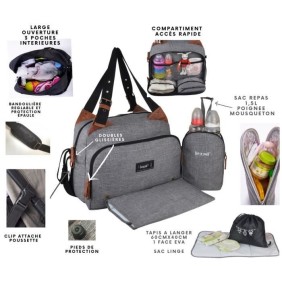 Baby on board- sac a langer - sac titou Gris chiné  - 2 compattiments 8 poches - sac repas - tapis a langer sac linge sale attac