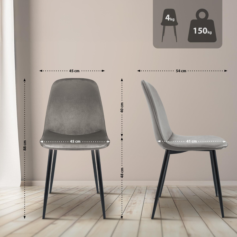Lot de 4 chaises de salle à manger Maryam en velours gris clair