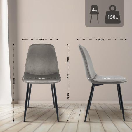 Lot de 4 chaises de salle à manger Maryam en velours gris clair