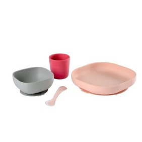 Coffret repas Silicone Bébé - BEABA - Avec Ventouse - Anti-dérapant - 4 Pieces - Rose