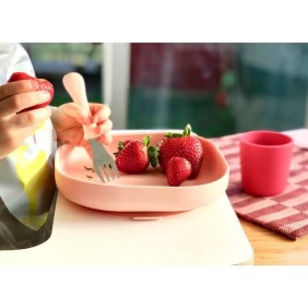 Coffret repas Silicone Bébé - BEABA - Avec Ventouse - Anti-dérapant - 4 Pieces - Rose