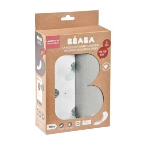 BEABA Lot de 2 langes bébé en mousseline de coton biologique, multi-usages, ultra doux et respirant, gris/jungle