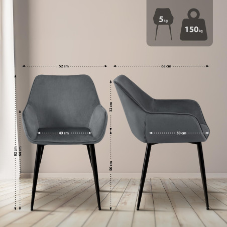 Lot de 2 chaises de salle à manger Luena velours gris foncé