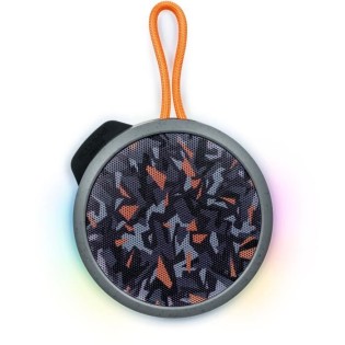 BIGBEN Party - Enceinte Bluetooth ronde avec dragonne et effets lumineux - 15W - Gris et orange camouflage