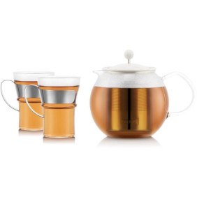 Théiere a piston - BODUM - ASSAM SET - 1.0 l avec filtre inox, couvercle plastique + 2 tasses verre anse inox 0.35 l