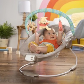 DISNEY BABY Transat Winnie l'Ourson, Cale tete ergonomique amovible, Vibrations, 7 mélodies, Arche d'éveil avec 3 jouets