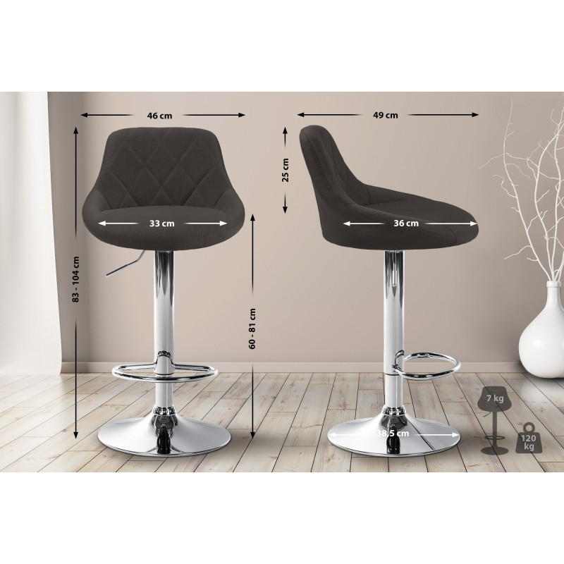 Tabouret de bar Lazio en tissu chromé gris foncé