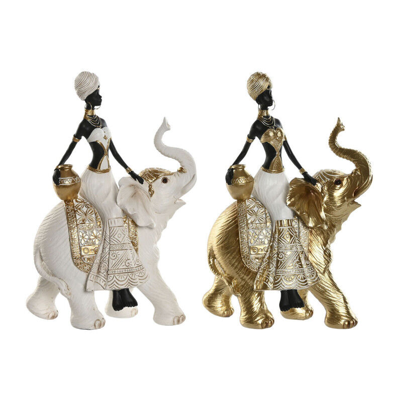 Figurine Décorative Home ESPRIT Blanc Noir Doré Eléphant Africaine 21 x 11 x 32 cm (2 Unités)
