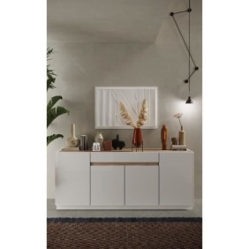 Buffet FIRENZE - Décor Blanc Laqué et Chene Cadiz - 4 portes 1 tiroir - L205 x P40 x H87 cm