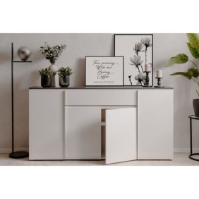 Buffet Brest - Décor Matera / blanc brillant - Panneaux de particules - 4 portes - 1 étagere - 1 tiroir -  177,5 x 92 x 40 -