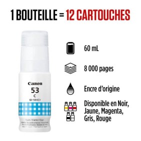 Bouteille d'encre - CANON - GI-53C - Cyan - Compatibilité PIXMA G650 et G550 - (4673C001)