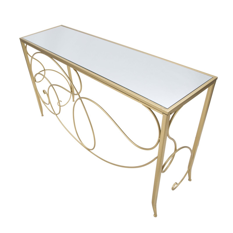 Console Art – Métal doré et plateau miroir 140x40x80 cm