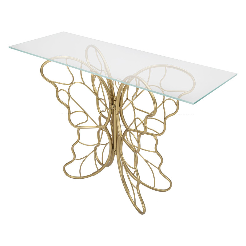 Console Papillon – Metallo dorato e piano in vetro 110x40x76 cm