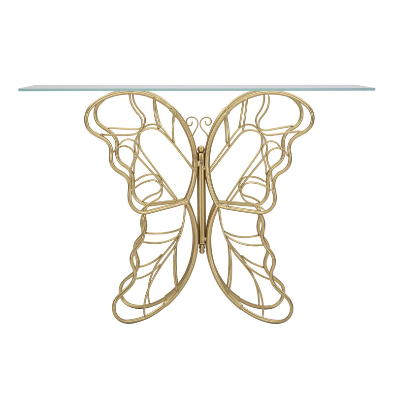 Console Papillon – Metallo dorato e piano in vetro 110x40x76 cm