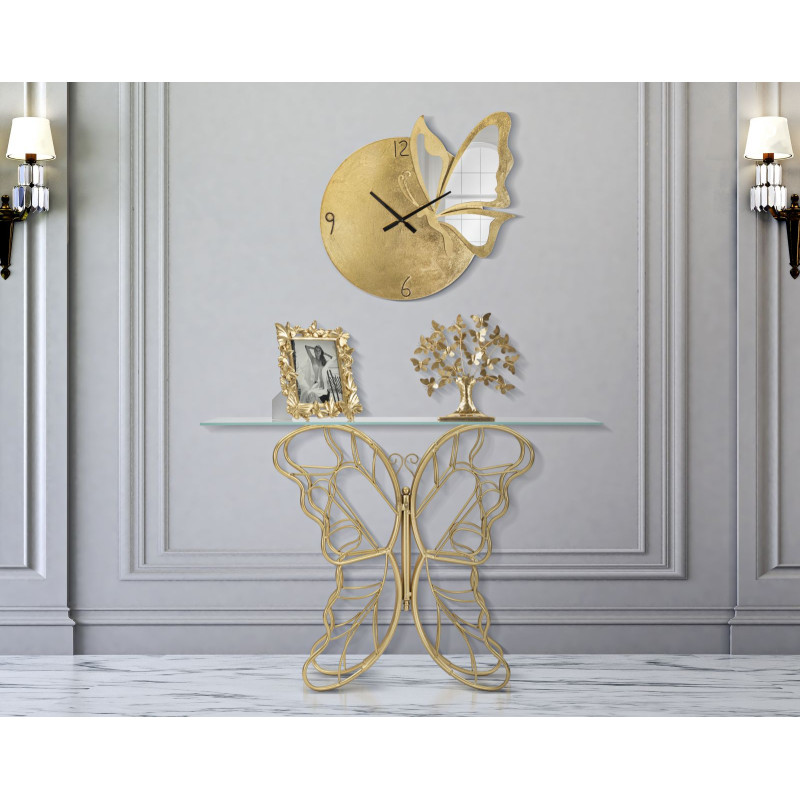 Console Papillon – Métal doré et plateau verre 110x40x76 cm