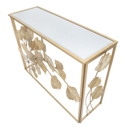 Console Feuille de Fer – Métal blanc et plateau miroir 108x36,5x80 cm