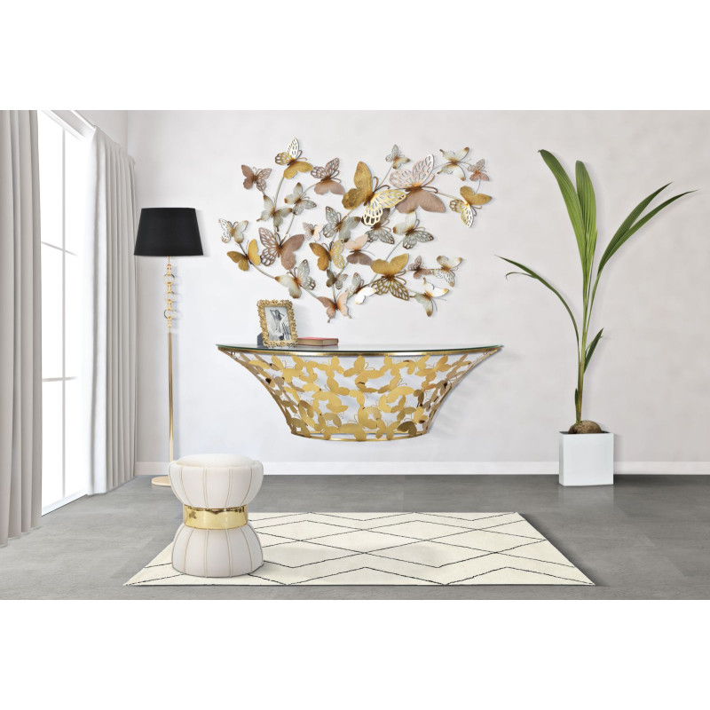 Console Murale Papillons – Métal doré et plateau verre 120x40,5x37,2 cm