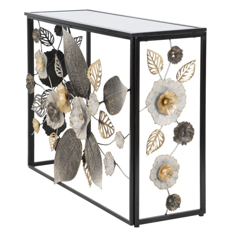 Console Glam Dark – Métal noir et plateau miroir multicolore 111,8x41,9x80 cm