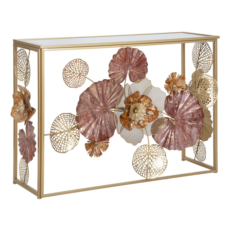 Console Glam Red – Métal doré et plateau miroir multicolore 114x41,5x80 cm