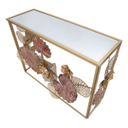 Console Glam Red – Métal doré et plateau miroir multicolore 114x41,5x80 cm