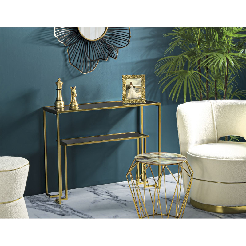 Console Nível – Metal Dourado e Tampo de Vidro 100x35x80 cm