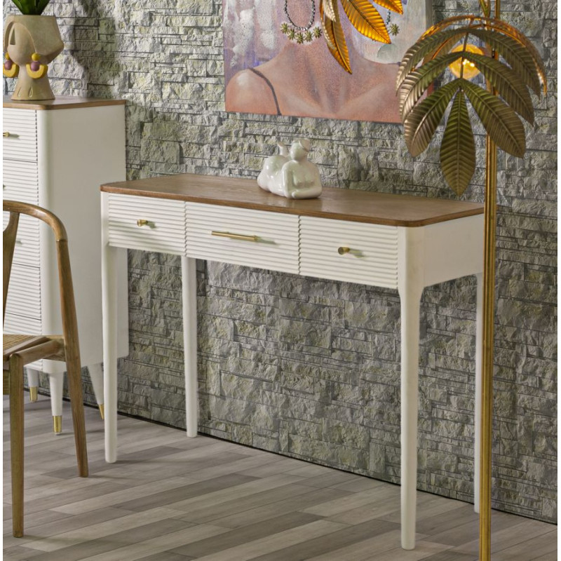 Console Matera – Bois de frêne, pin, MDF et métal blanc/marron 107x37x80 cm