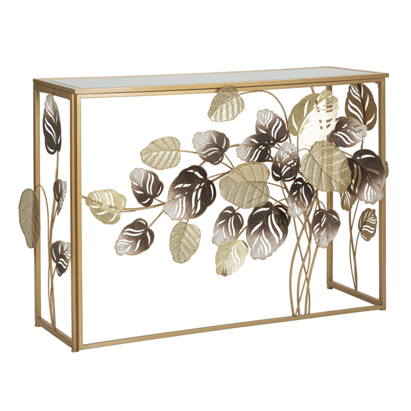 Console Leavy – Métal doré, MDF et verre multicolore 108x36,8x80 cm