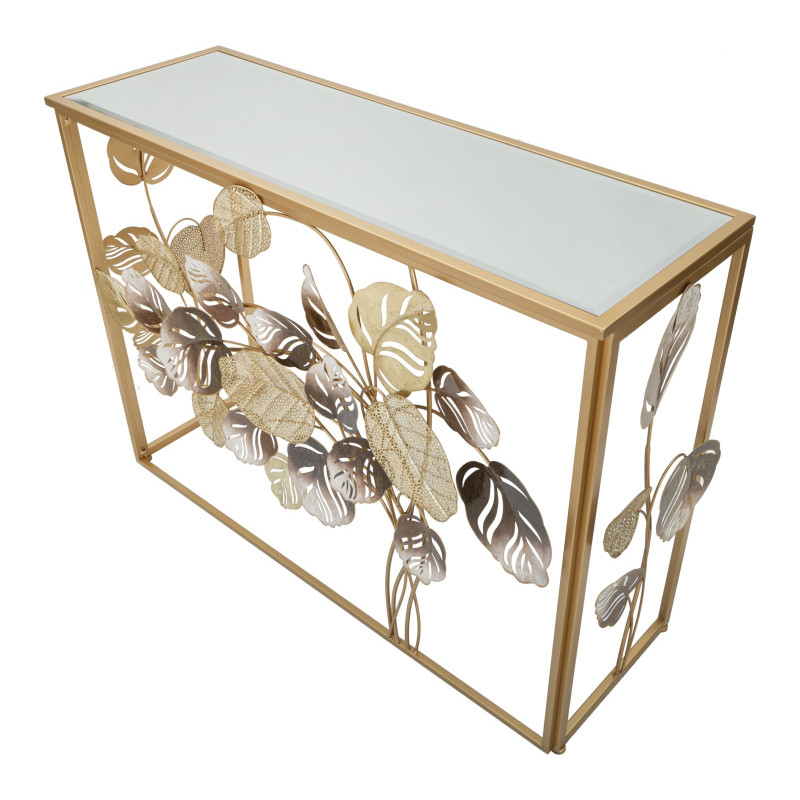 Console Leavy – Métal doré, MDF et verre multicolore 108x36,8x80 cm