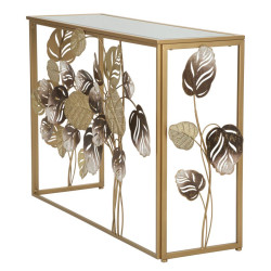 Console Leavy – Métal doré, MDF et verre multicolore 108x36,8x80 cm