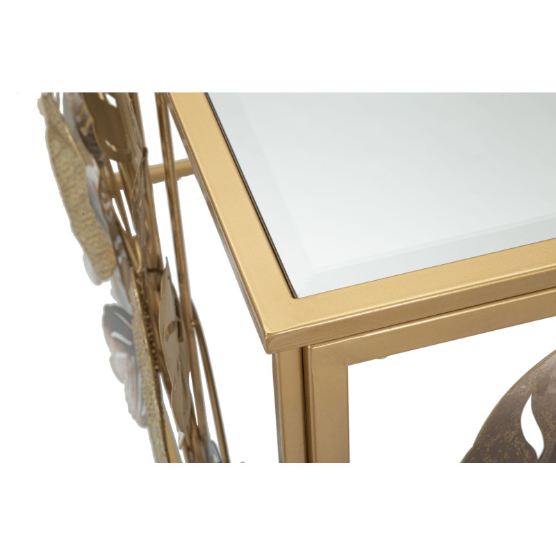Console Leavy – Métal doré, MDF et verre multicolore 108x36,8x80 cm