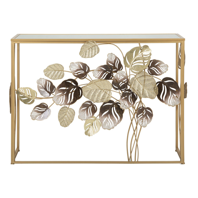 Console Leavy – Métal doré, MDF et verre multicolore 108x36,8x80 cm