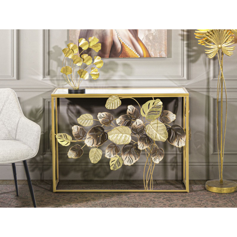 Console Leavy – Métal doré, MDF et verre multicolore 108x36,8x80 cm