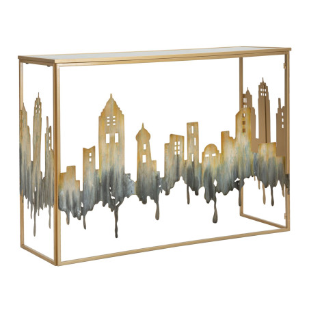 Console City – Métal doré, MDF et verre multicolore 110x38,5x81 cm