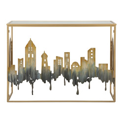 Console City – Métal doré, MDF et verre multicolore 110x38,5x81 cm
