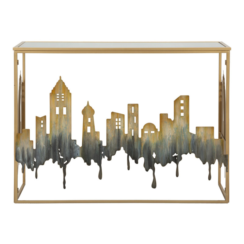 Console City – Métal doré, MDF et verre multicolore 110x38,5x81 cm