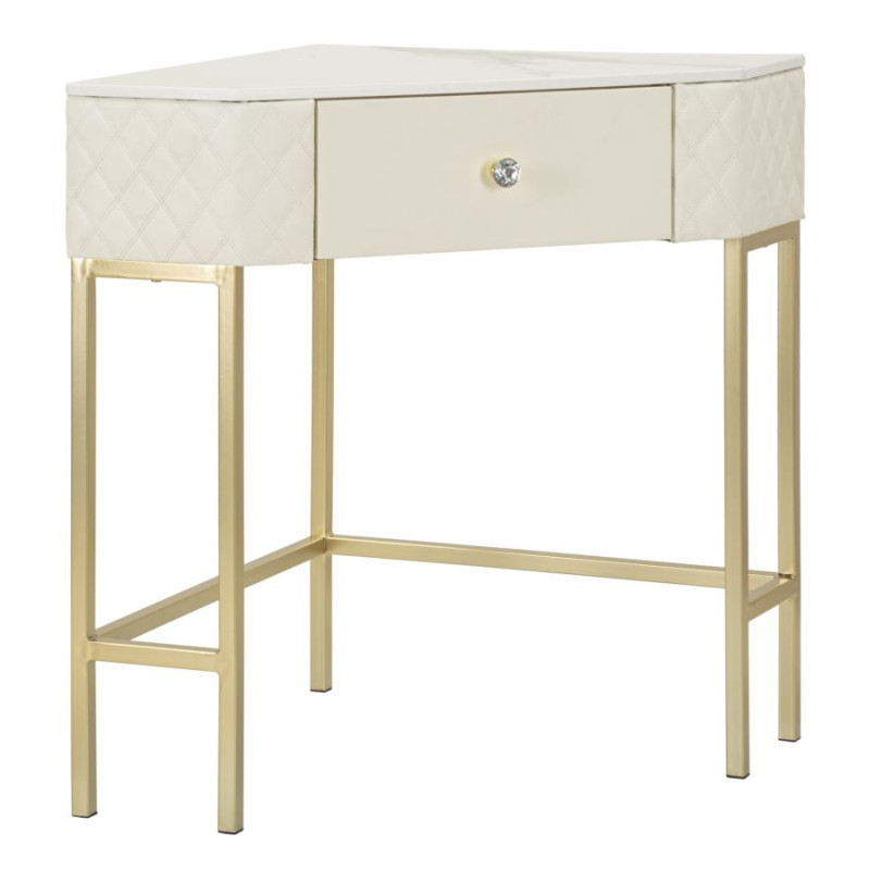 Console d’angle Sharon – Bois de pin, MDF, métal et plastique blanc et or 84,5x60x77 cm