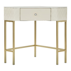 Console angolare Sharon – Pino, MDF, metallo e plastica bianco e oro 84,5x60x77 cm