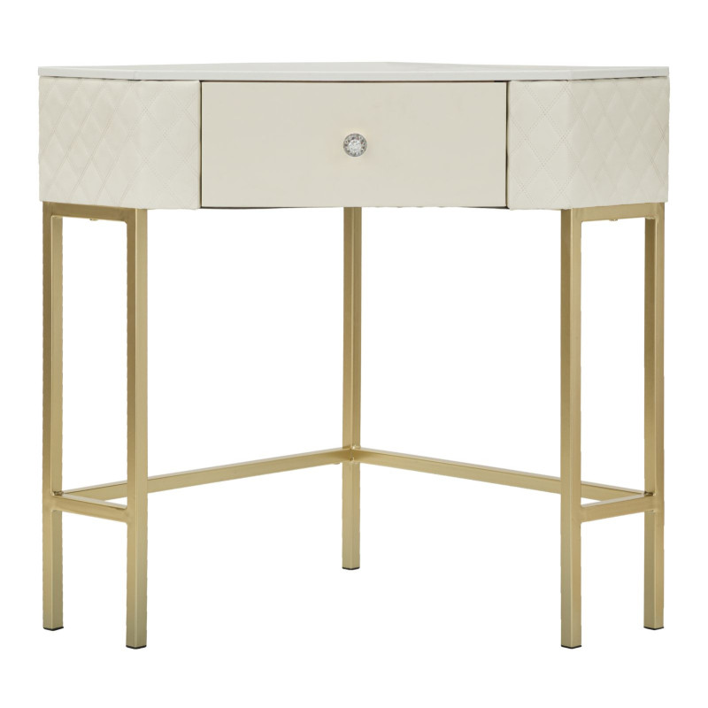 Console d’angle Sharon – Bois de pin, MDF, métal et plastique blanc et or 84,5x60x77 cm