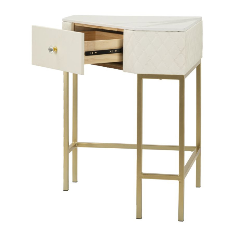 Console d’angle Sharon – Bois de pin, MDF, métal et plastique blanc et or 84,5x60x77 cm