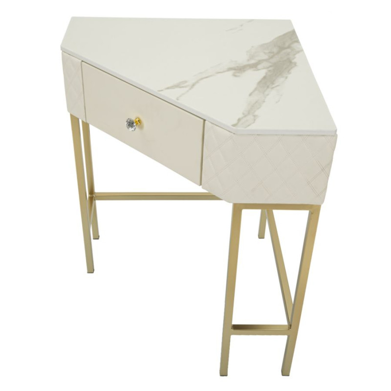 Console d’angle Sharon – Bois de pin, MDF, métal et plastique blanc et or 84,5x60x77 cm