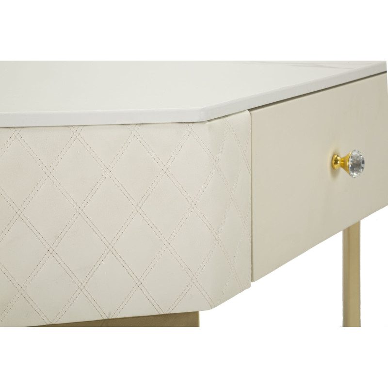 Console d’angle Sharon – Bois de pin, MDF, métal et plastique blanc et or 84,5x60x77 cm