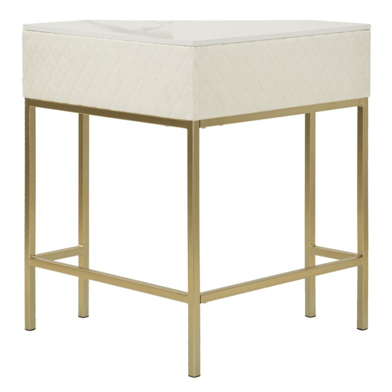 Console angolare Sharon – Pino, MDF, metallo e plastica bianco e oro 84,5x60x77 cm
